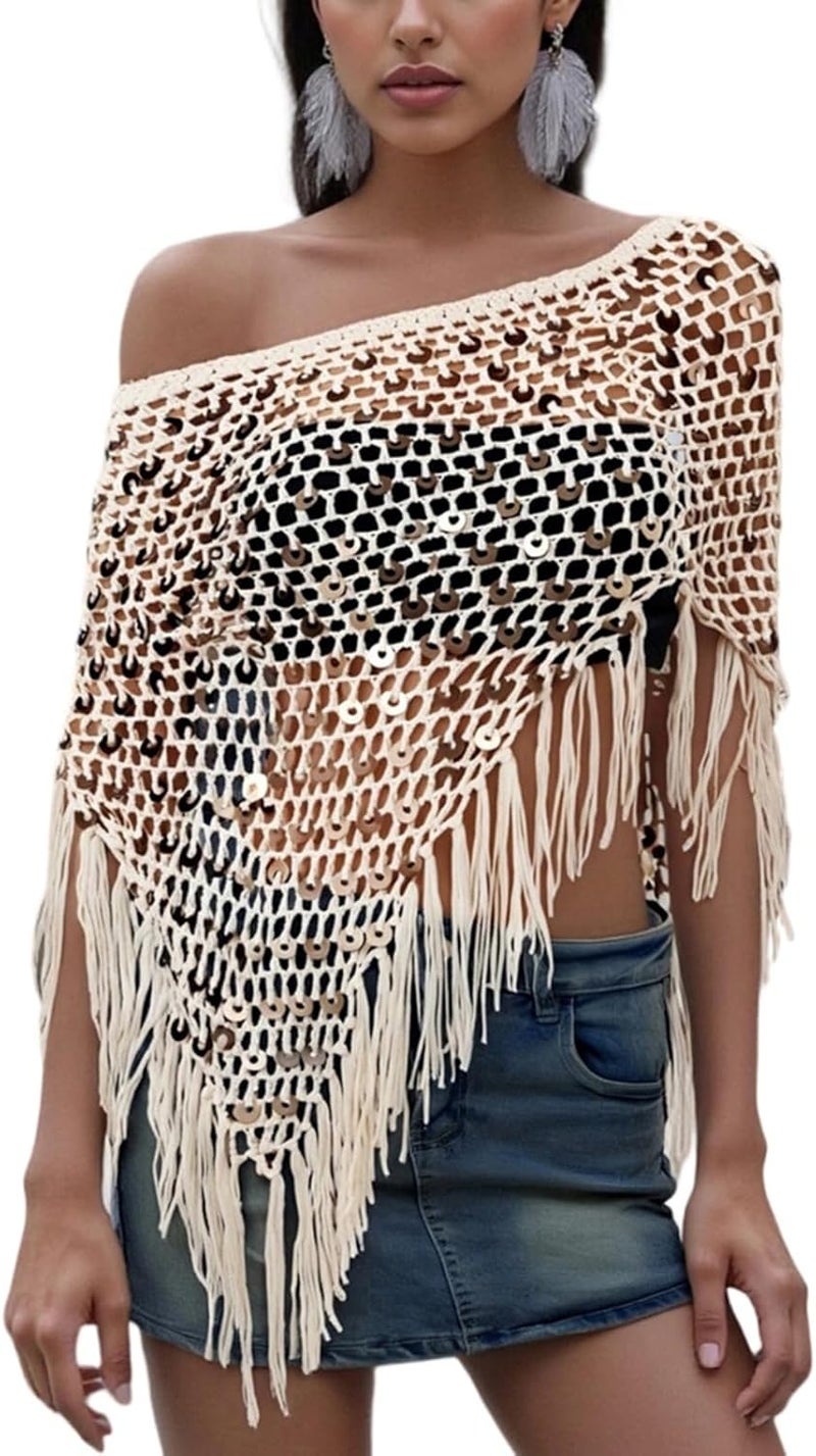Argeousgor Women Sheer Poncho Top Lightweight Knit Crochet Shrug Bolero Mesh Batwing Sleeve Sweater Cover Up Beachwear - Image 1
